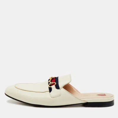 Pre-owned Gucci White Leather Web Horsebit Princetown Flat Mules Size 39