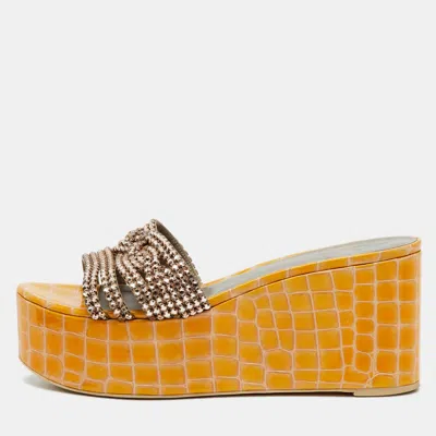 Pre-owned Gina Yellow Croc Embossed Patent Leather Crystal Wedge Platform Sandals Size 40.5