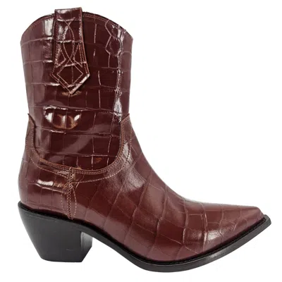 Madison.maison Women's Brown Chocolate Leather Croc Embossed Pointy  Ankle Boot In Brown