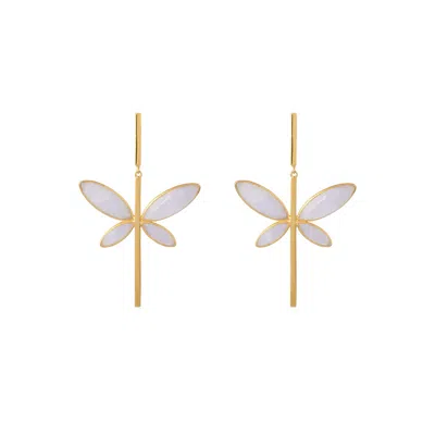 Lavani Jewels Women's Gold / White Dafne Dragonfly White Earrings In Gold