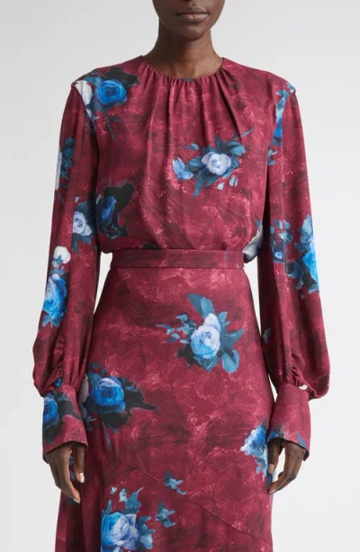 Erdem Abstract Rose Print Long Sleeve Top In Red