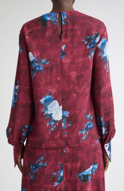 Erdem Abstract Rose Print Long Sleeve Top In Red
