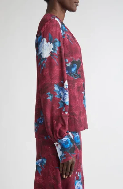 Erdem Abstract Rose Print Long Sleeve Top In Red