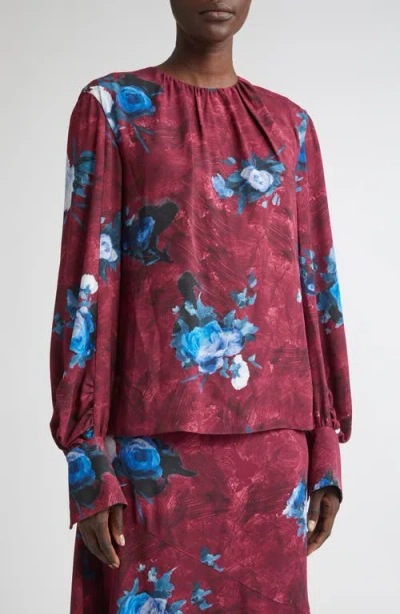 Erdem Abstract Rose Print Long Sleeve Top In Red