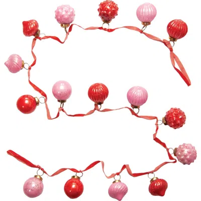 Storied Home Embossed Mercury Glass Ornament Garland With Velvet Ribbon, Pink And Red In Pink