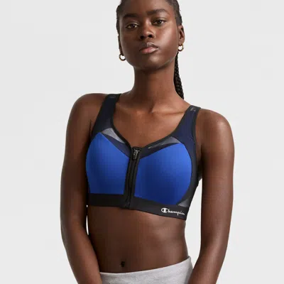 Champion Motion Control Zip Sports Bra, Wirefree, Script Logo In Blue
