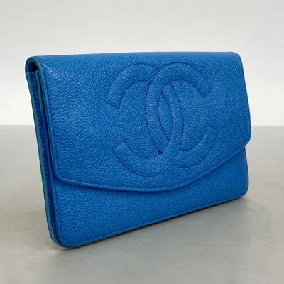 Pre-owned Chanel Blue Grained Calfskin Long Wallet (bi-fold) ()