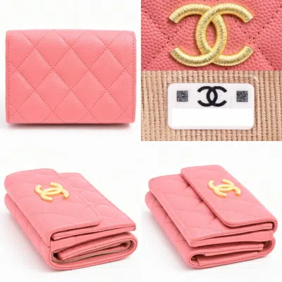 Pre-owned Chanel Matelasse Coral Pink Grained Calfskin Wallet (tri-fold) ()