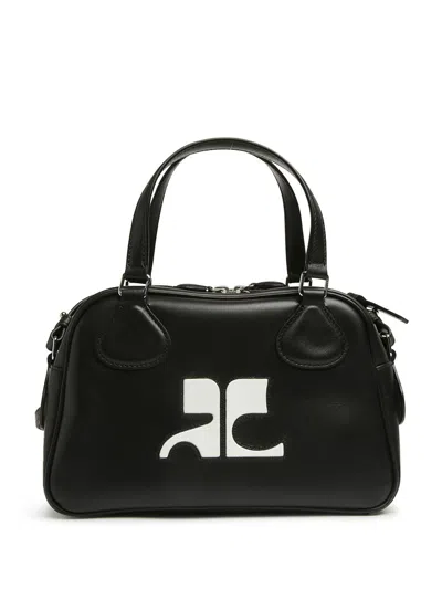 Courrèges Rectangular Black Cowhide Leather Shoulder Bag With Contrasting Logo In Black