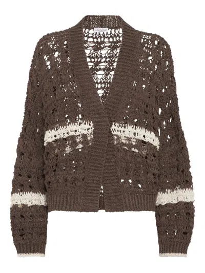 Brunello Cucinelli Stripe Cotton-jute Open Knit V-neck Cardigan In Brown