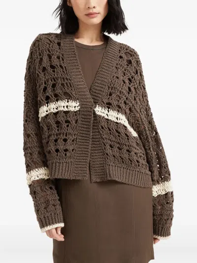 Brunello Cucinelli Stripe Cotton-jute Open Knit V-neck Cardigan In Brown