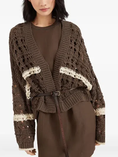 Brunello Cucinelli Stripe Cotton-jute Open Knit V-neck Cardigan In Brown