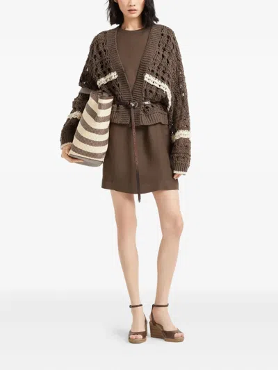 Brunello Cucinelli Stripe Cotton-jute Open Knit V-neck Cardigan In Brown