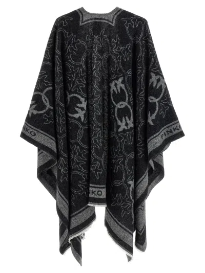Pinko Draped Fringe Lightweight Patterned Knit Cape In Black