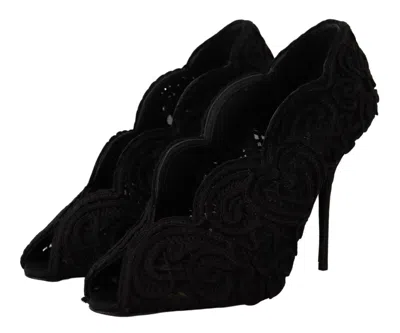 Dolce & Gabbana Black Cordonetto Ricamo Pump Open Toe Women's Shoes In Black