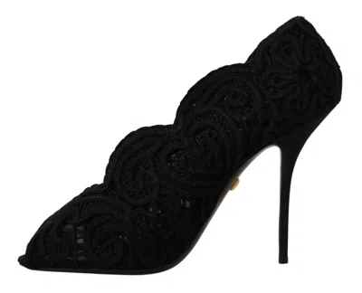 Dolce & Gabbana Black Cordonetto Ricamo Pump Open Toe Women's Shoes In Black