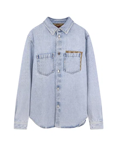 Gucci Faded Denim Shirt With Gg Insert Men In Blue