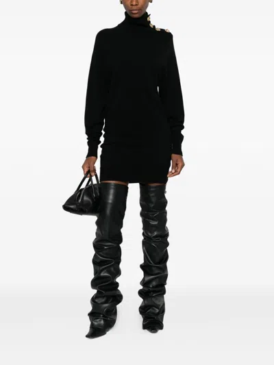 Balmain Turtleneck Mini Dress Decorative Buttons In Black