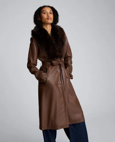 Kenneth Cole Belted Faux Leather Trench Coat With Faux Fur Collar In Brown