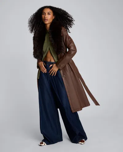 Kenneth Cole Belted Faux Leather Trench Coat With Faux Fur Collar In Brown