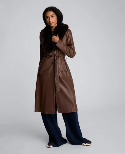 Kenneth Cole Belted Faux Leather Trench Coat With Faux Fur Collar In Brown