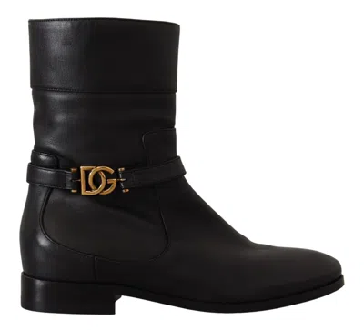 Dolce & Gabbana Black Leather Flats Logo Short Boots Women's Shoes In Black