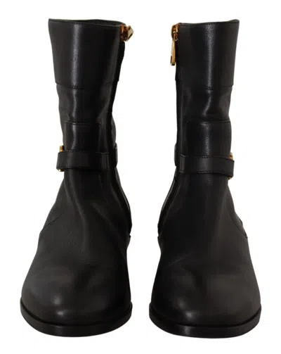 Dolce & Gabbana Black Leather Flats Logo Short Boots Women's Shoes In Black