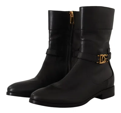 Dolce & Gabbana Black Leather Flats Logo Short Boots Women's Shoes In Black