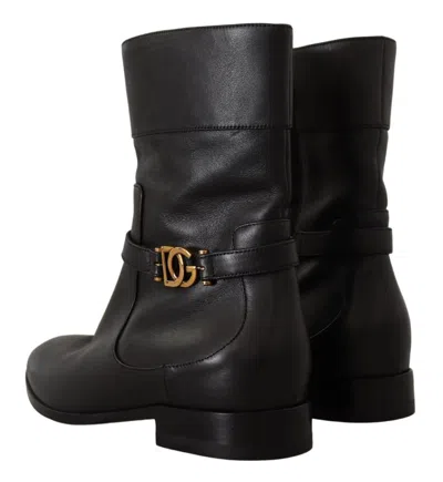Dolce & Gabbana Black Leather Flats Logo Short Boots Women's Shoes In Black