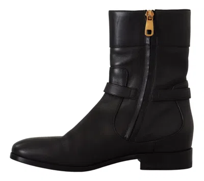 Dolce & Gabbana Black Leather Flats Logo Short Boots Women's Shoes In Black
