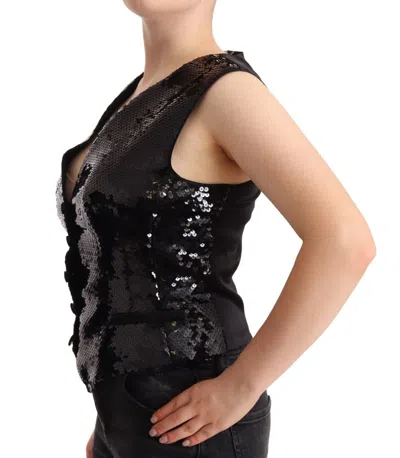 Dolce & Gabbana Black Sequin V-neck Sleeveless Vest Tank Women's Top In Black