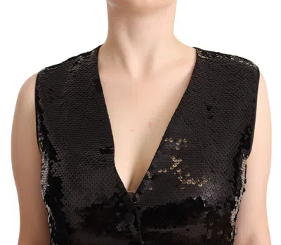 Dolce & Gabbana Black Sequin V-neck Sleeveless Vest Tank Women's Top In Black