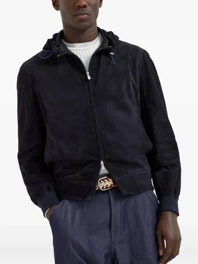 Brunello Cucinelli Suede Hooded Jacket Adjustable Drawstring In Black