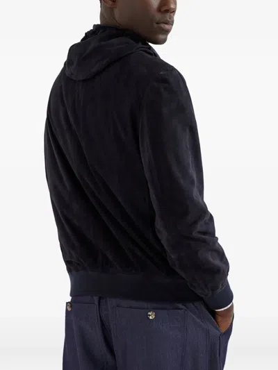 Brunello Cucinelli Suede Hooded Jacket Adjustable Drawstring In Black