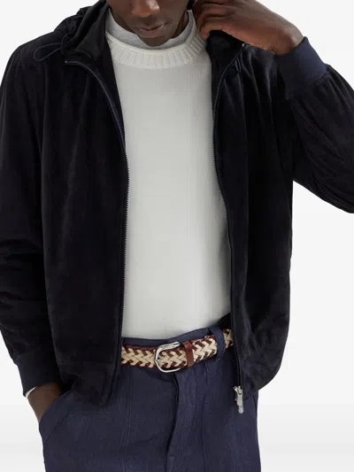 Brunello Cucinelli Suede Hooded Jacket Adjustable Drawstring In Black