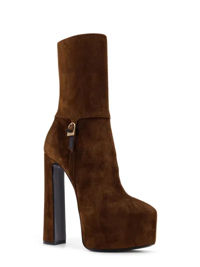 Saint Laurent Nico Suede Plateau Ankle Boots In Brown