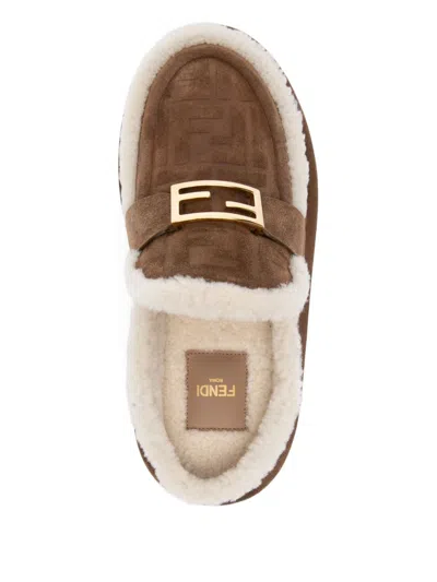 Fendi Women Beige Mules With Logo Lettering On The Rear And Ff Buckle In Suede Woman In Brown
