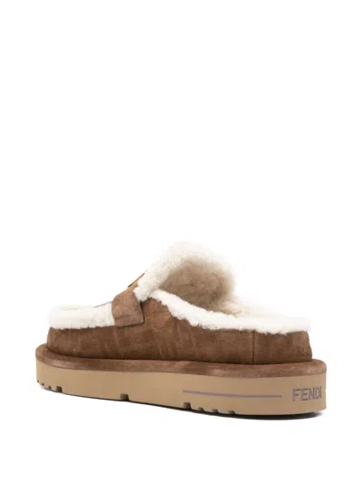 Fendi Women Beige Mules With Logo Lettering On The Rear And Ff Buckle In Suede Woman In Brown