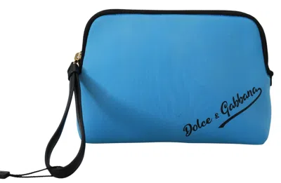Dolce & Gabbana Blue Logo Print Hand Pouch Leopard Print Toiletry Women's Bag In Blue