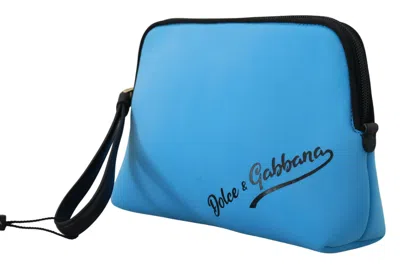 Dolce & Gabbana Blue Logo Print Hand Pouch Leopard Print Toiletry Women's Bag In Blue