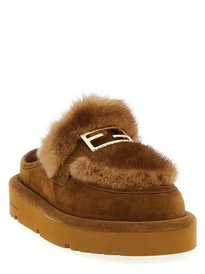 Fendi Suede And Fur Sabots Flat Shoes Multicolor In Brown