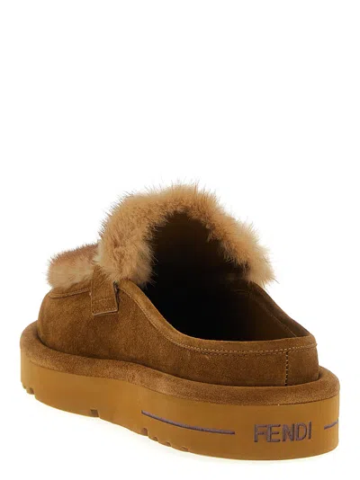 Fendi Suede And Fur Sabots Flat Shoes Multicolor In Brown