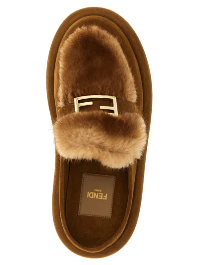 Fendi Suede And Fur Sabots Flat Shoes Multicolor In Brown