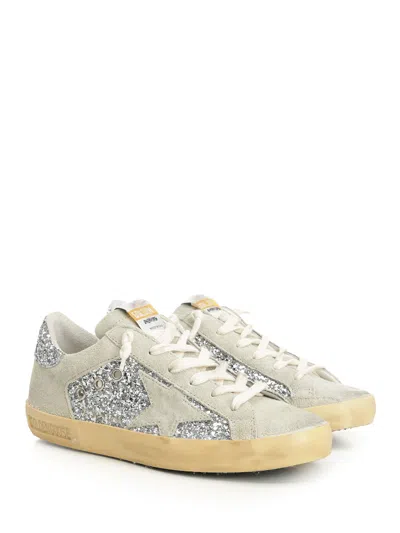 Golden Goose Super-star Suede And Glitter Upper Suede Star Glitter Heel Sneakers Silver In Neutral