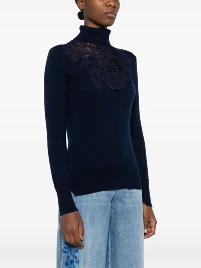 Ermanno Scervino High Neck Floral Lace Knitwear In Blue