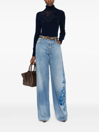 Ermanno Scervino High Neck Floral Lace Knitwear In Blue