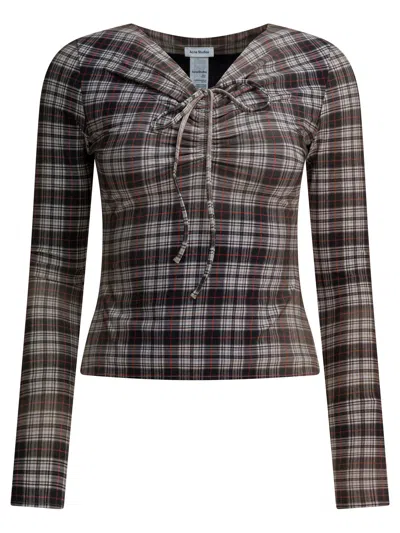 Acne Studios Long Sleeve Fitted Plaid T-shirt With Drawstring In Multi