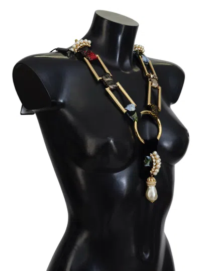 Dolce & Gabbana Gold Brass Sicily Crystal Robe Statement Necklace In Gold