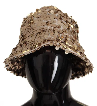 Dolce & Gabbana Gold Silk Sequin Embellished Designer Brim Bucket Hat In Gold