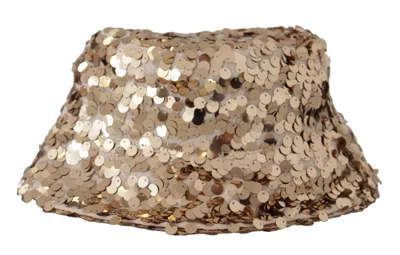 Dolce & Gabbana Gold Silk Sequin Embellished Designer Brim Bucket Hat In Gold